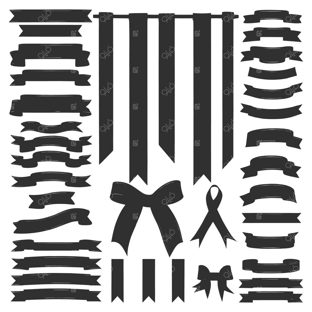 مجموعه وکتور شکل‌های سیاه و سیلوئت روبان و بنر