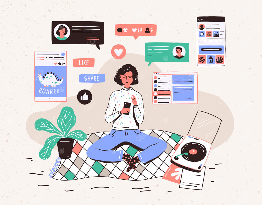 دختری جوان بر روی زمین نشسته در خانه، با گوشی هوشمند در حال چت در پیام‌رسان یا شبکه اجتماعی. ارتباط اینترنتی، پیام‌رسانی آنلاین یا تبادل اطلاعات. تصویرسازی.