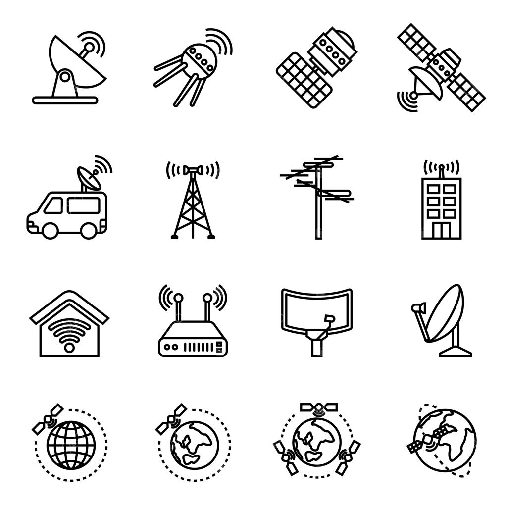 وکتور مجموعه آیکون‌های ماهواره و مدار با استایل خطی نازک