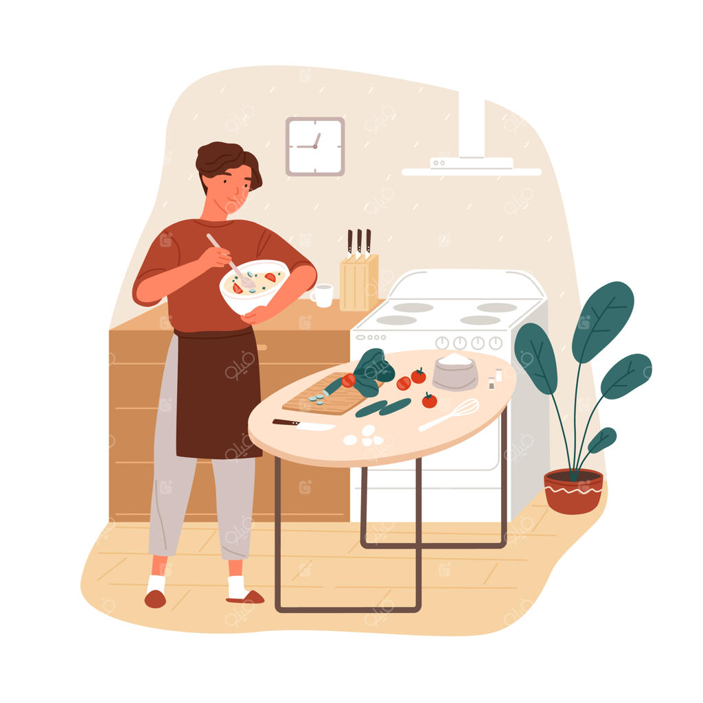 مرد خوشحال با پیشبند در حال پخت سالاد سبزیجات در آشپزخانه منزل - تصویر برداری ساده. آقایی شاد در حال تهیه غذای سالم وگیترین برای ناهار، در حال مخلوط کردن مواد در کاسه.