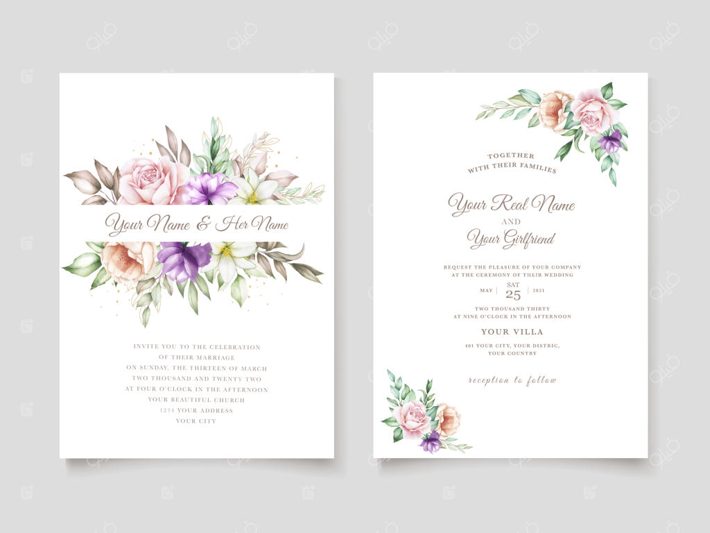 کارت دعوت عروسی با طراحی گل‌های آبرنگی به رنگ سبز ملایم