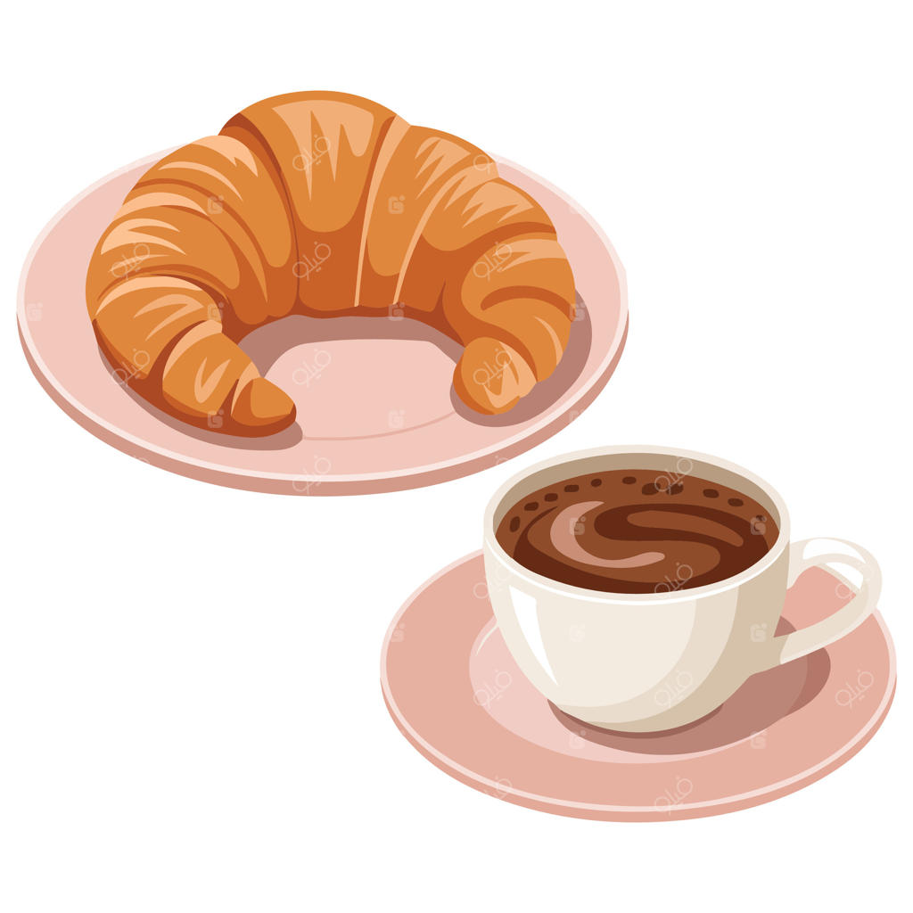 تصویر صبحانه کرواسان و قهوه بر روی پس‌زمینه سفید