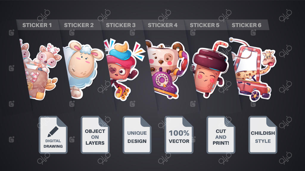 مجموعه برچسب‌های بامزه: چای، قهوه، آهو، دیپلمات، زرافه، ماشین، بره، گوسفند، خرس، تلفن، کیک