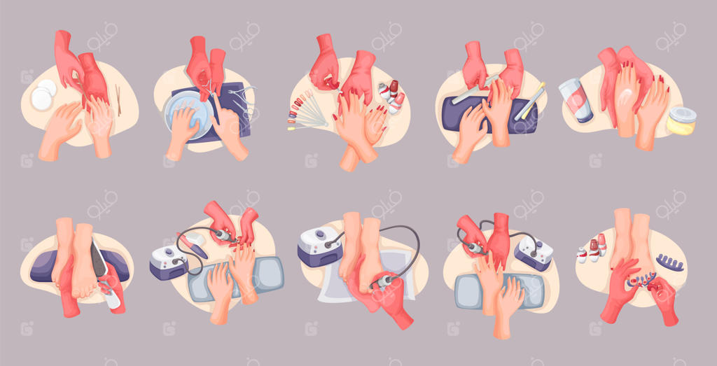 ست مانیکور و پدیکور: کارمند سالن زیبایی در حال کار با لاک و سوهان ناخن