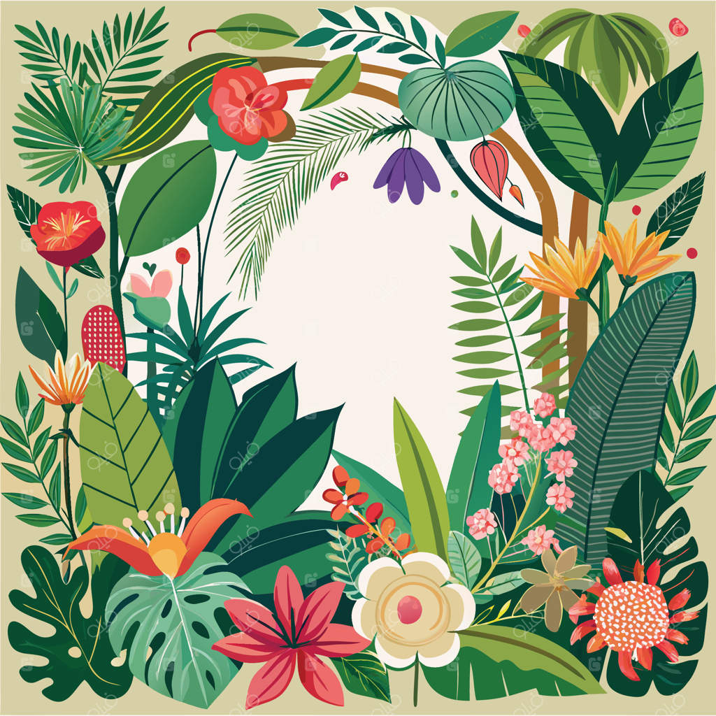 قاب تصویر باغ گرمسیری با عناصر گلدار