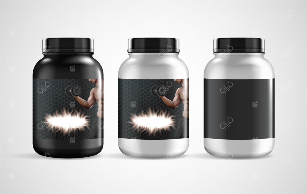 طراحی بسته‌بندی پودر پروتئین با برچسب و تصویرسازی سه‌بعدی