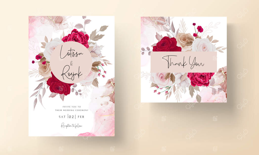 الگوی کارت عروسی با طرح گل‌های دست‌ساز