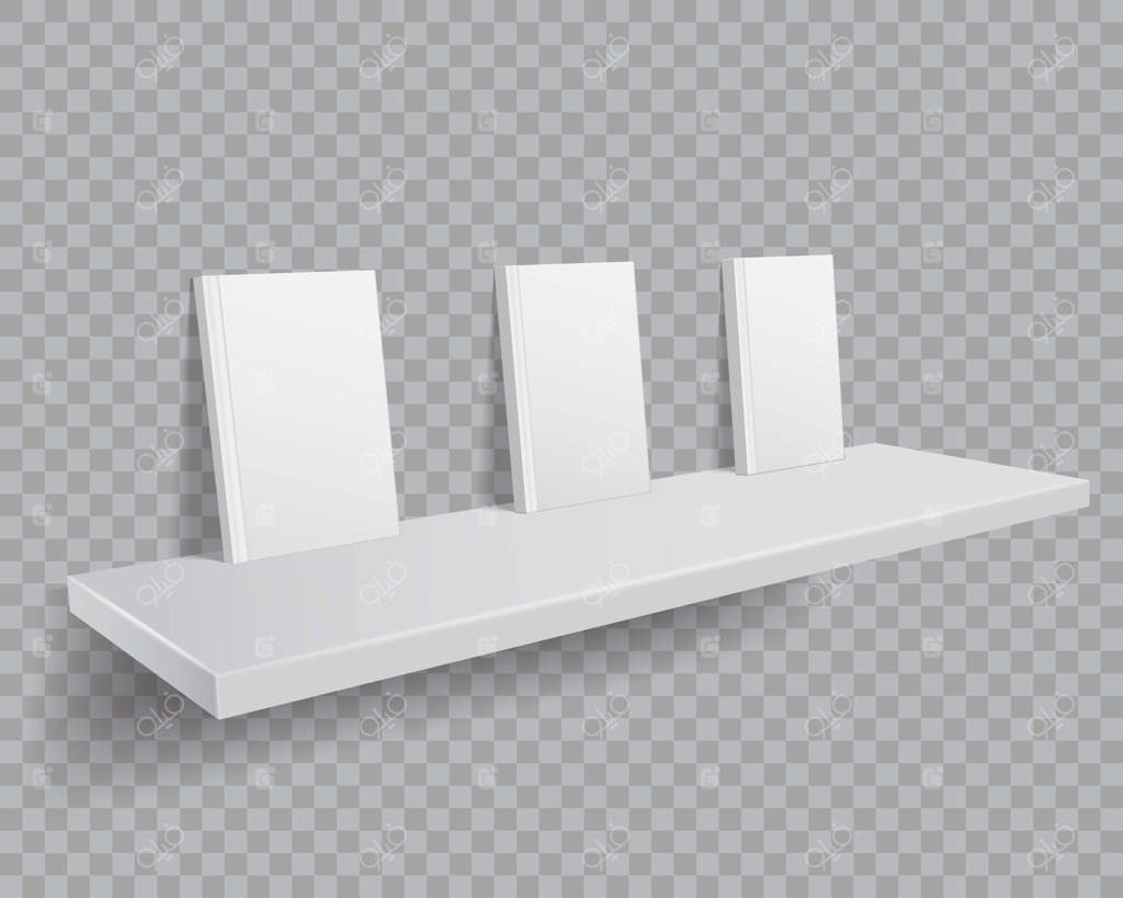 کتاب‌های سفید سه‌بعدی روی قفسه: نمونه‌سازی کتاب‌ها با جلدهای خالی روی قفسه کتاب.