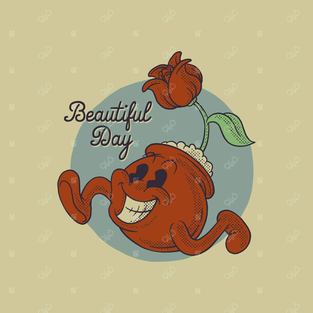 نماد کارتونی گلدان گل رز دوان با سبک رترو