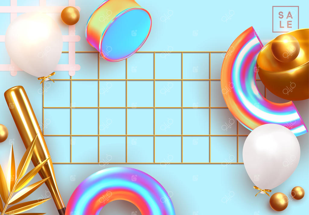 پس‌زمینه مینیمال و خلاقانه: طراحی واقع‌گرایانه اشیای سه‌بعدی با اشکال مختلف، برگ‌های نخل طلایی، کره و دایره‌های طلایی، الگوی همراه با اشکال هندسی. بنر و پوستر. تصویرسازی وکتور