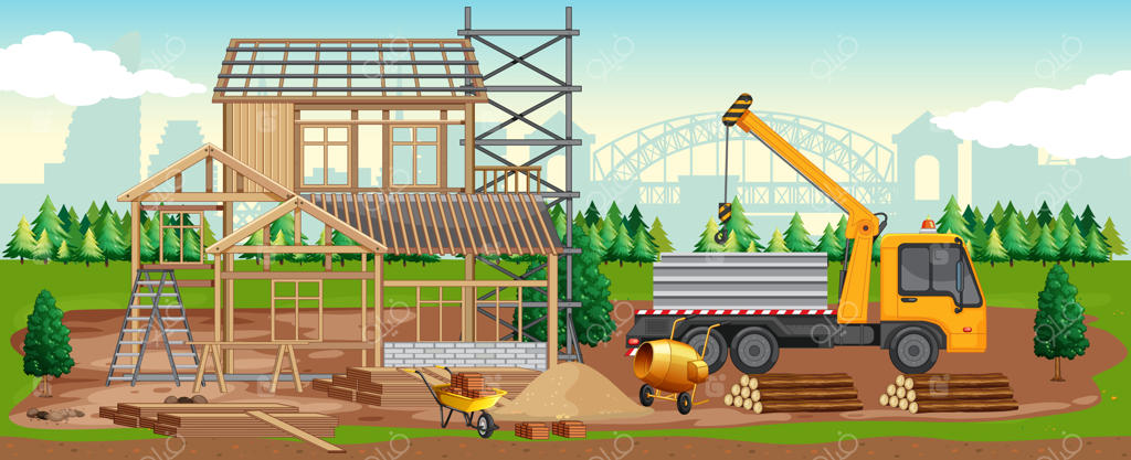 صحنه کارتونی از یک سایت ساختمان‌سازی