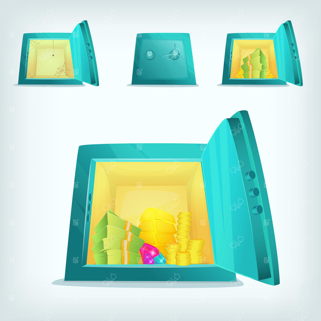 مجموعه‌ای از گاوصندوق‌های کارتونی: باز، بسته، پر و خالی. تصویرسازی وکتور.