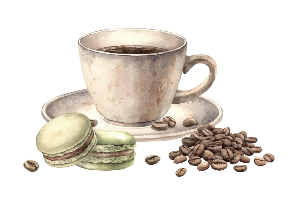 فنجان سرامیکی با قهوه معطر، ماکارون‌های پسته‌ای و دانه‌های بو داده. ترکیب واقع‌گرایانه آبرنگی برای طراحی مغازه‌ها، کافه‌ها، بنرها و کارت‌پستال‌ها با موضوع قهوه.