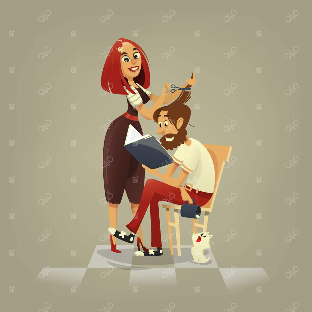 کوتاهی مو در سالن. مشتری. آرایشگاه. تصویرسازی. حالت‌دهی به مو