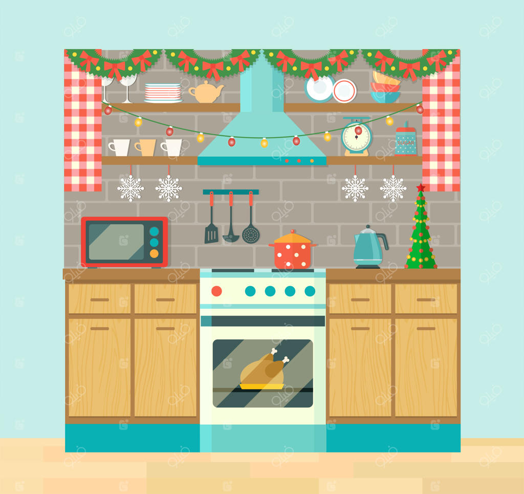 فضای داخلی آشپزخانه روستایی و لوازم آشپزی. درخت کریسمس و تزئینات تعطیلات، تصویرسازی وکتور تخت
