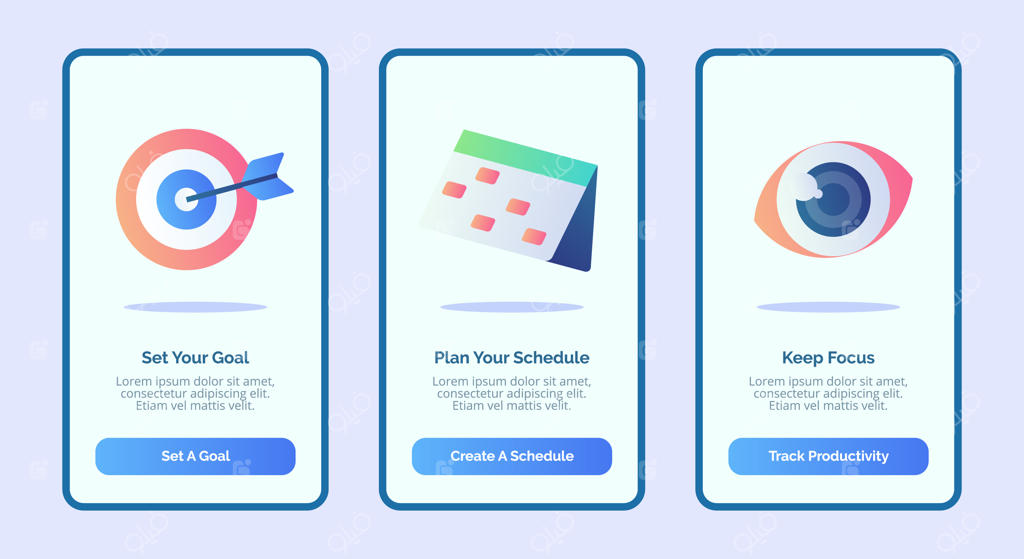 هدف‌گذاری کنید، برنامه‌ریزی کنید و تمرکز داشته باشید: قالب بنر و صفحات اپلیکیشن موبایل با سه طرح متنوع و سبک مدرن.