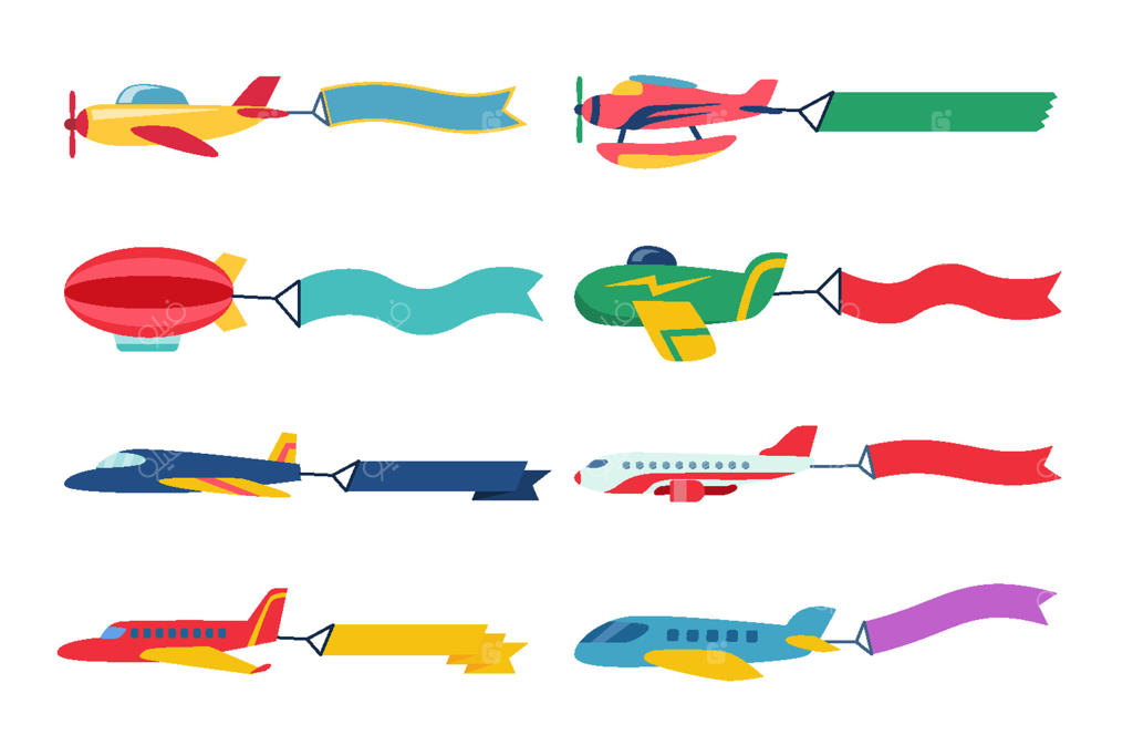 مجموعه بنرهای تبلیغاتی هواپیما، مناسب برای وب‌سایت و مواد چاپی، تبلیغات هواپیما با پیام خالی و قالب متن تبلیغاتی، تبلیغات شرکت‌های هواپیمایی