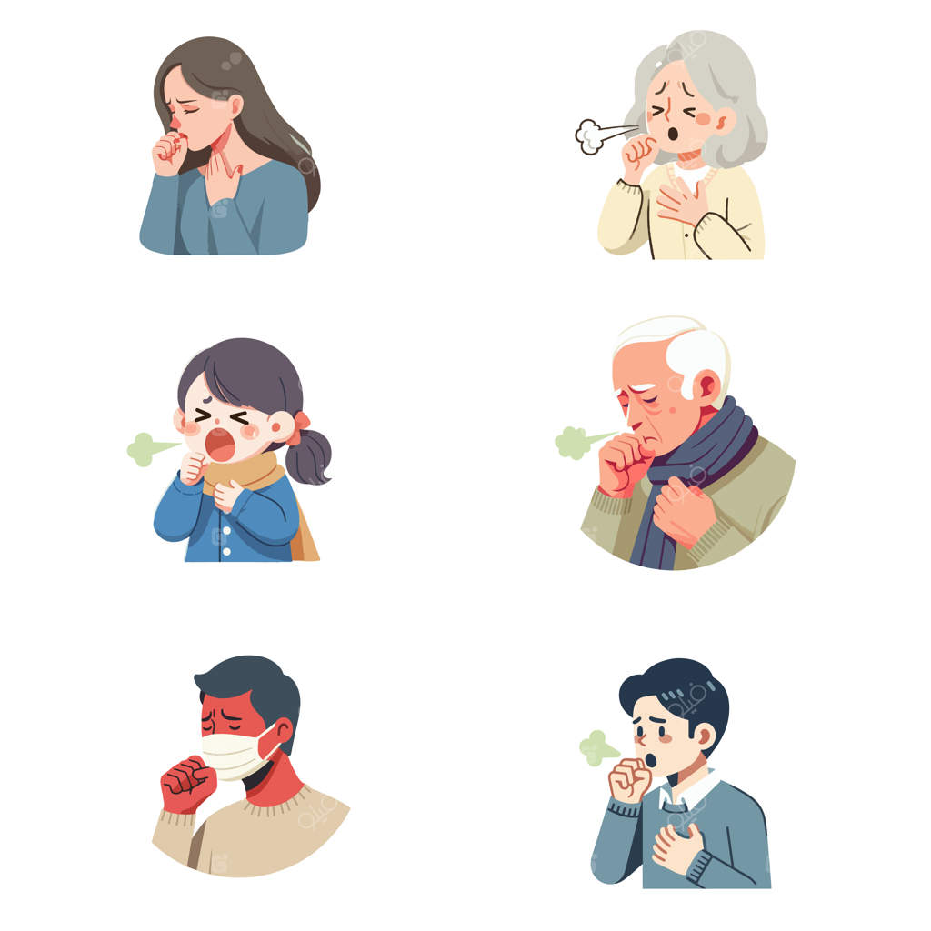 مجموعه طراحی کارتونی: سرفه، بیماری، ویروس کرونا، گرافیک تخت وکتور
