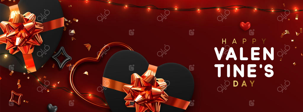 بنر روز ولنتاین: طراحی پس‌زمینه با ریسه‌های نورانی، جعبه‌های هدیه مشکی با قلب‌های براق و کاغذ رنگی طلایی. پوستر افقی تعطیلات، کارت‌های تبریک، سربرگ وبسایت