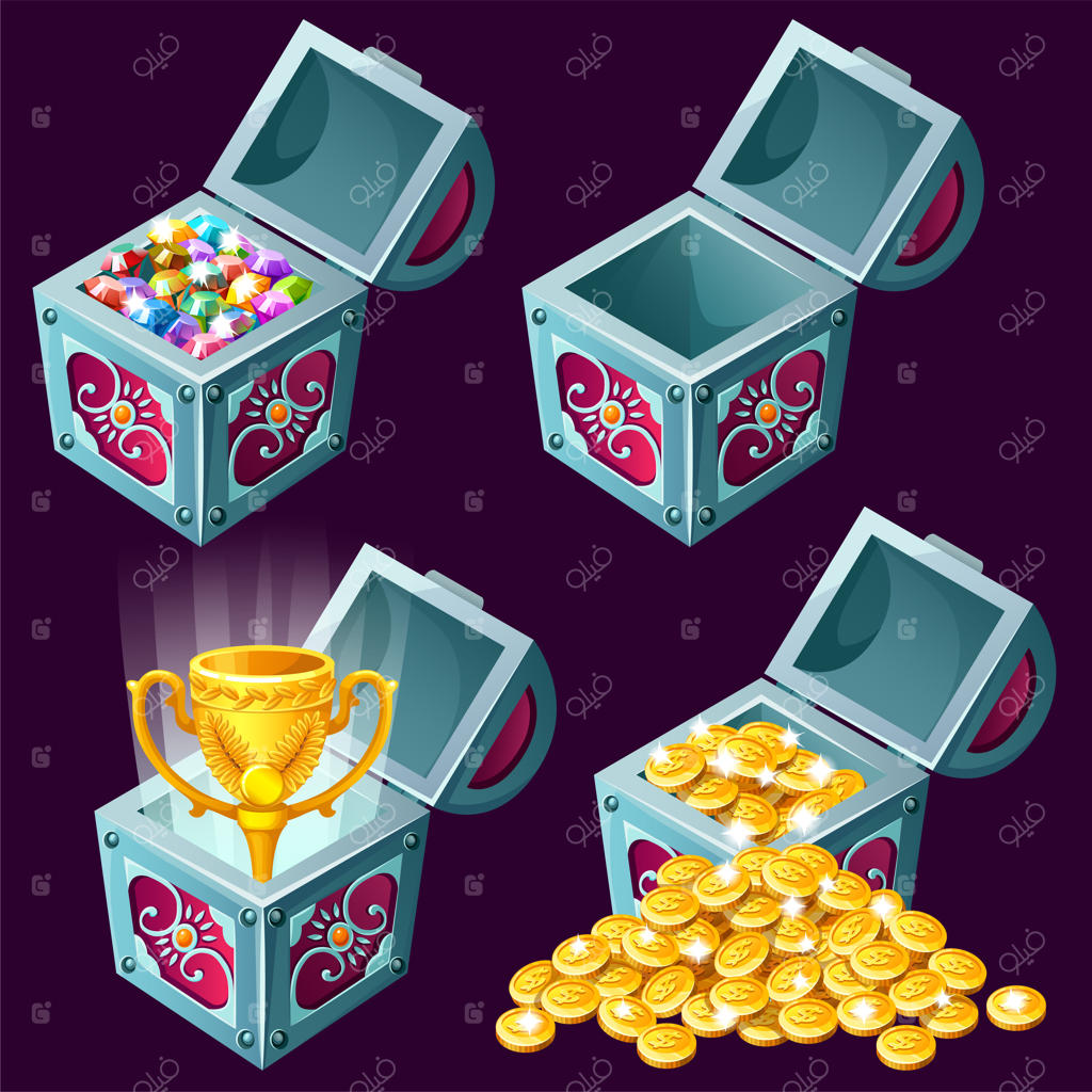 صندوقچه‌های چوبی کارتونی ایزومتریک با گنجینه‌ها.
