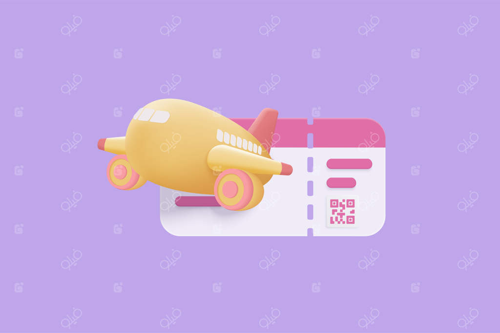 بلیط سه‌بعدی هواپیمایی برای گردشگری و برنامه‌ریزی سفر تابستانی - مفهوم بلیط برای خدمات رزرو آژانس مسافرتی - تصویر رندر بلیط هواپیما سه‌بعدی