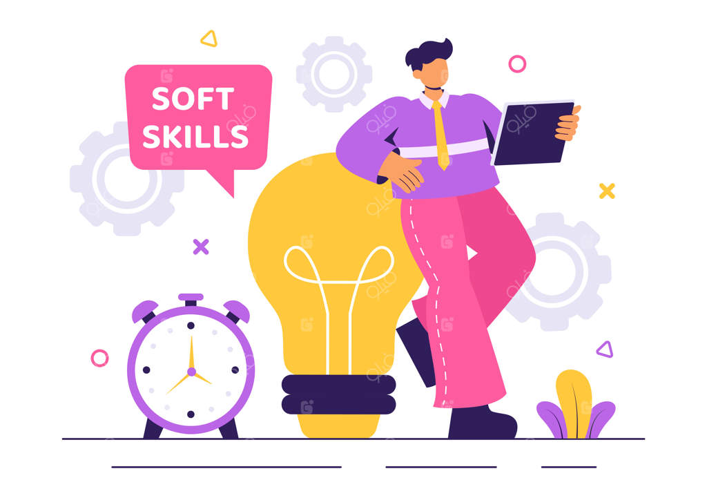 تصویر برداری از کارکنان دفتر در حال نمایش مهارت‌های نرم مانند همدلی، ارتباطات، توسعه ایده، کار تیمی و رشد حرفه‌ای