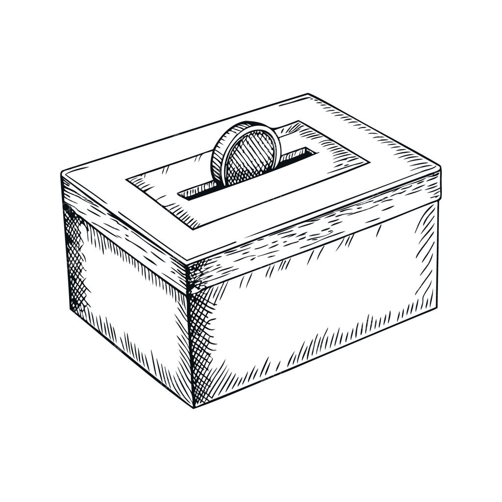 طرح دستی از یک صندوق رأی با شیاری در بالای آن. این صندوق به شکل مستطیل و با طراحی ساده است که نمادی از رأی‌گیری و دموکراسی می‌باشد.