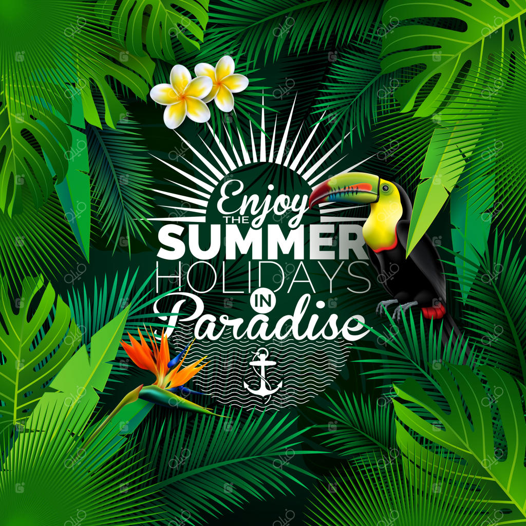 طرح تعطیلات تابستانی استوایی با پرنده توکان و گل طوطی بر پس‌زمینه‌ای از برگ‌های نخل عجیب‌وغریب