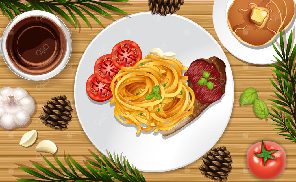 عکس نزدیک از استیک و اسپاگتی روی میز با تزیین برگ‌ها