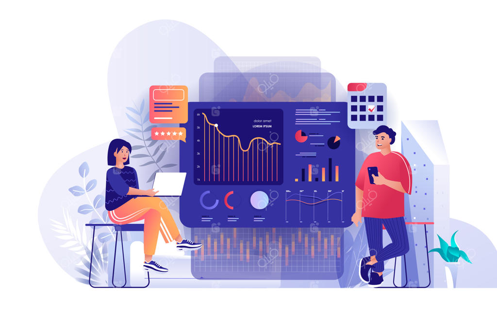 صحنه‌ای از تحلیل کلان‌داده با شخصیت‌های کارتونی در سبک طراحی تخت