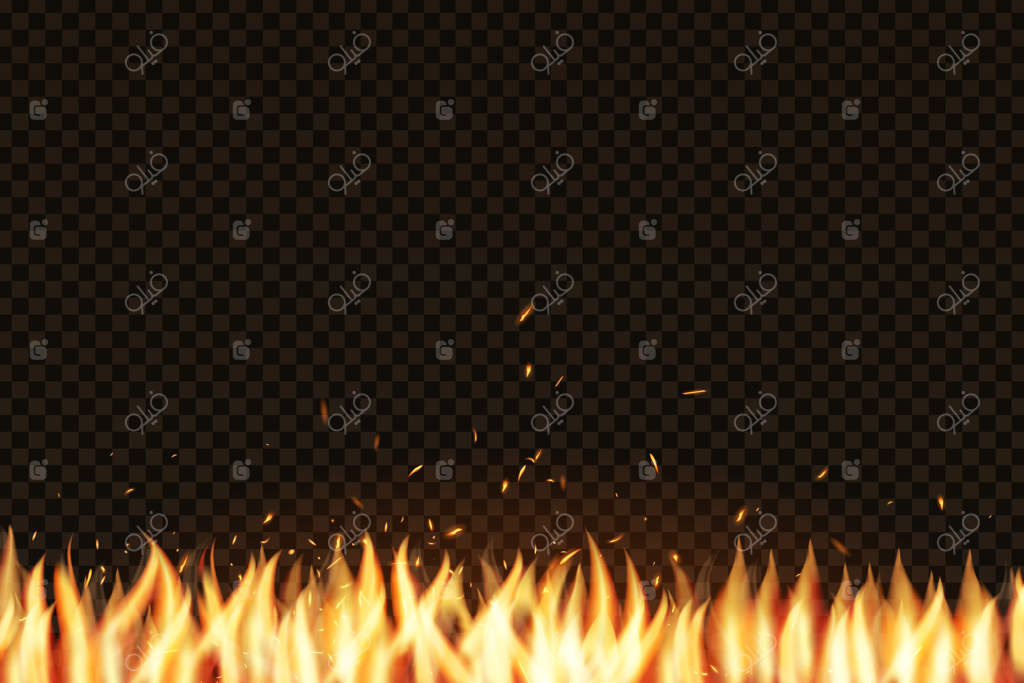 افکت واقع‌گرایانه آتش برای تزئین و پوشش روی پس‌زمینه شفاف. مفهوم جرقه‌ها، شعله و نور.