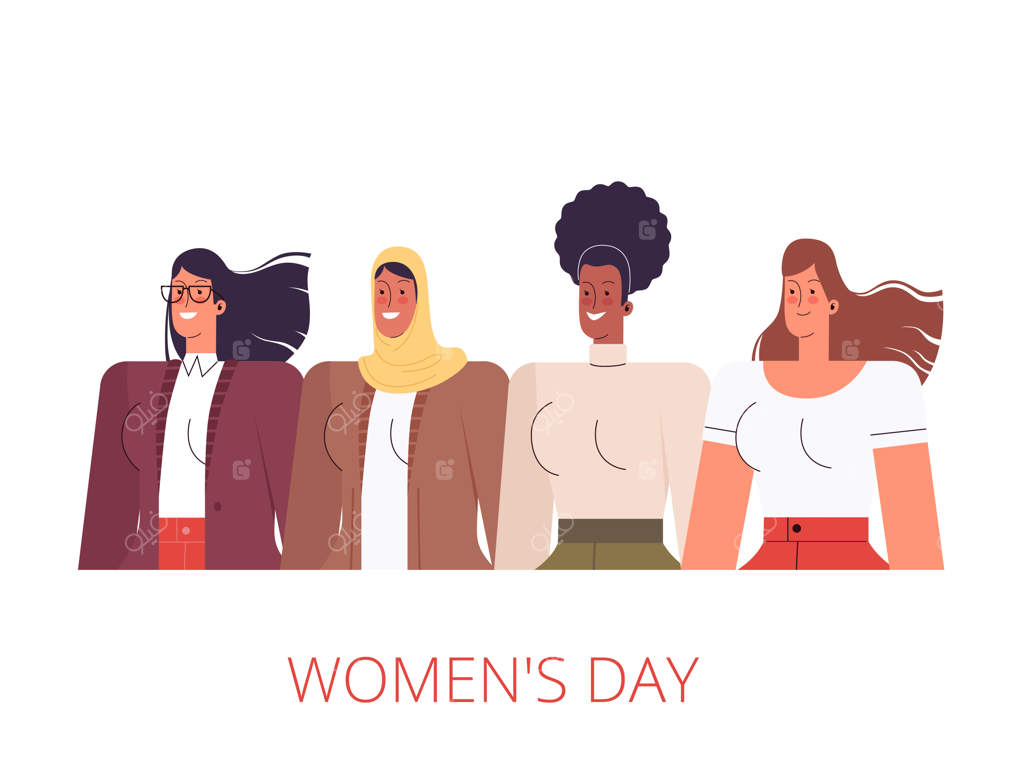 زنان از ملیت‌های مختلف در یک صف ایستاده و لبخند می‌زنند. مفهوم جشن بهاری در هشتم مارس. بر روی پس‌زمینه سفید.