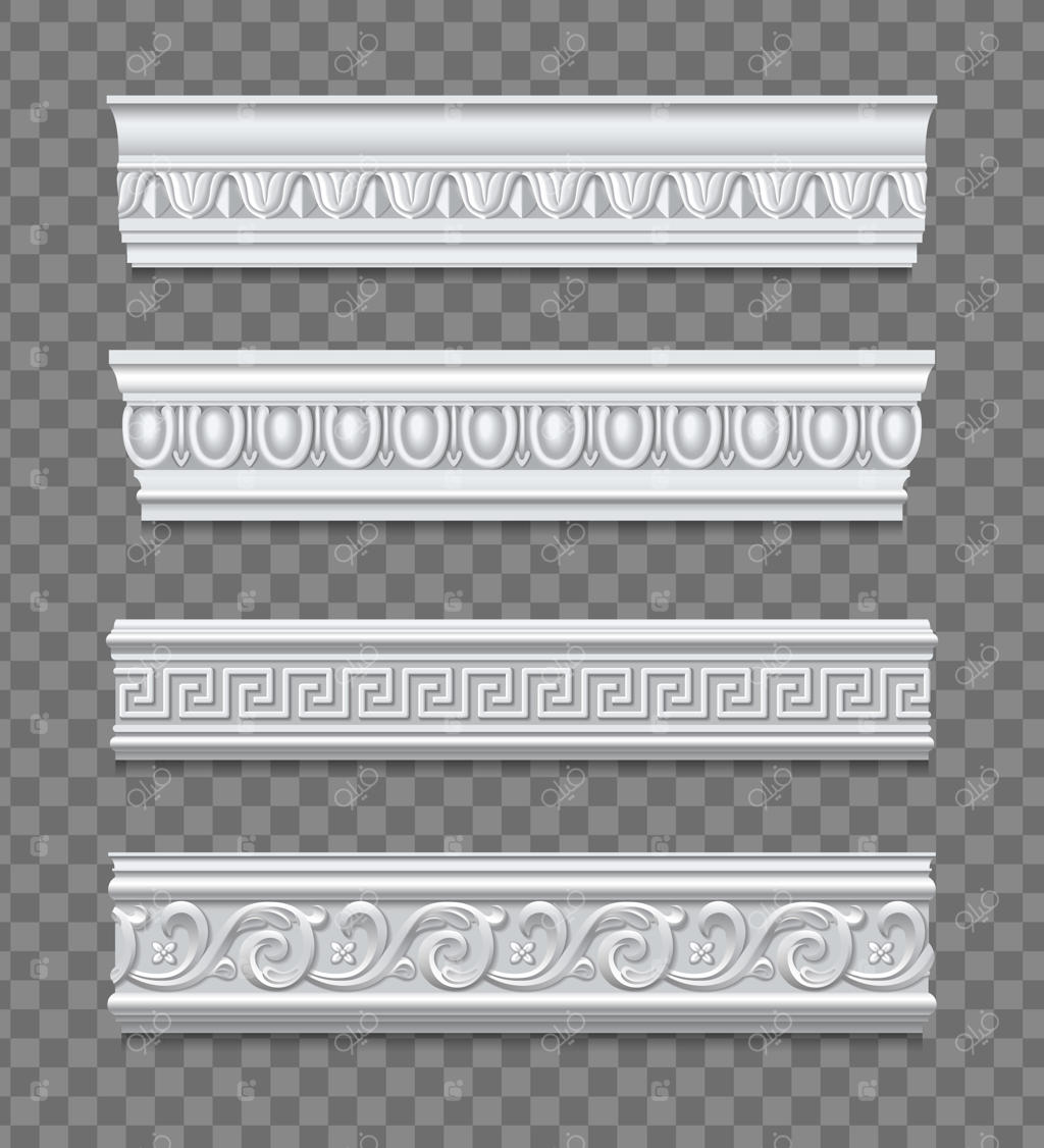 قطعاتی از قرنیزهای گچی با طرح کلاسیک برای تزیین دیوار - تصویر واقع‌گرایانه با پس‌زمینه شفاف