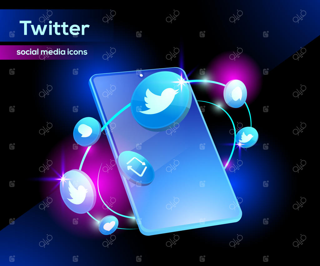 آیکون سه‌بعدی توییتر با گوشی هوشمند شیک و پیشرفته
