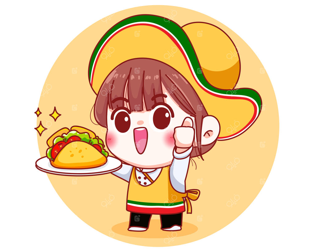 تصویر کارتونی سرآشپز مکزیکی بامزه با تاکوها