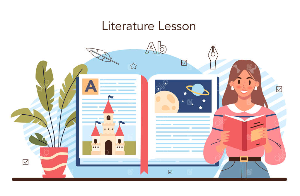 موضوع مدرسه: ادبیات. بررسی نویسندگان باستان و رمان‌های مدرن. آثار نثر و شعر. دوره آکادمیک ادبی. ایده آموزش و دانش. تصویرسازی برداری