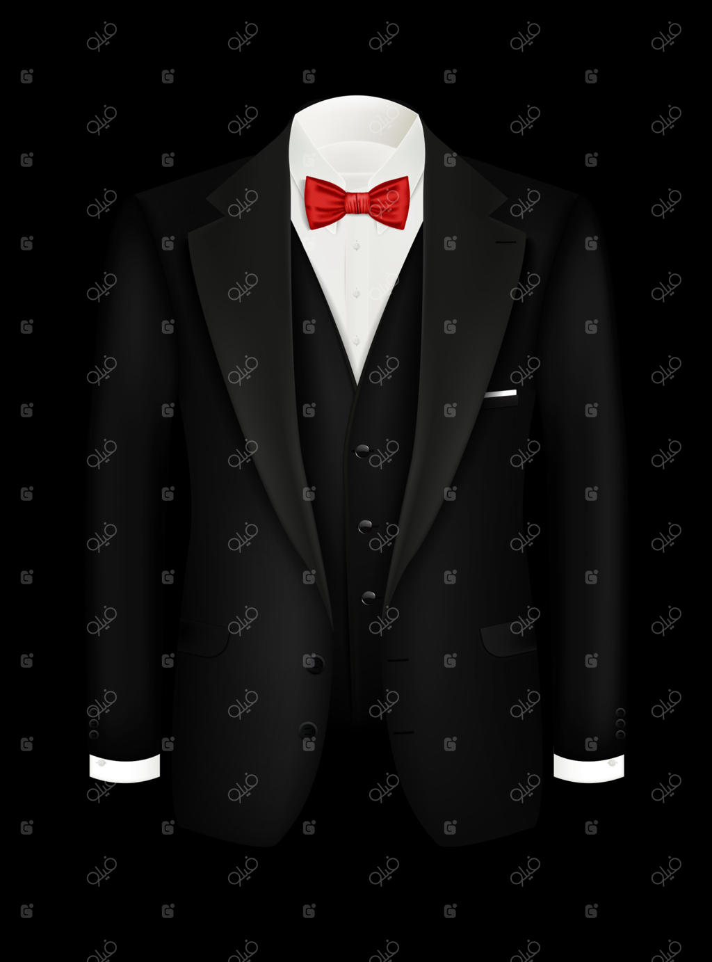 تصویر واقع‌گرایانه تاکسیدو با پاپیون: کت و شلوار مشکی مردانه، تاکسیدو با جلیقه و پیراهن سفید. طراحی نمادهای مردانه برای دعوت‌نامه‌ها و مهمانی‌های شرکتی