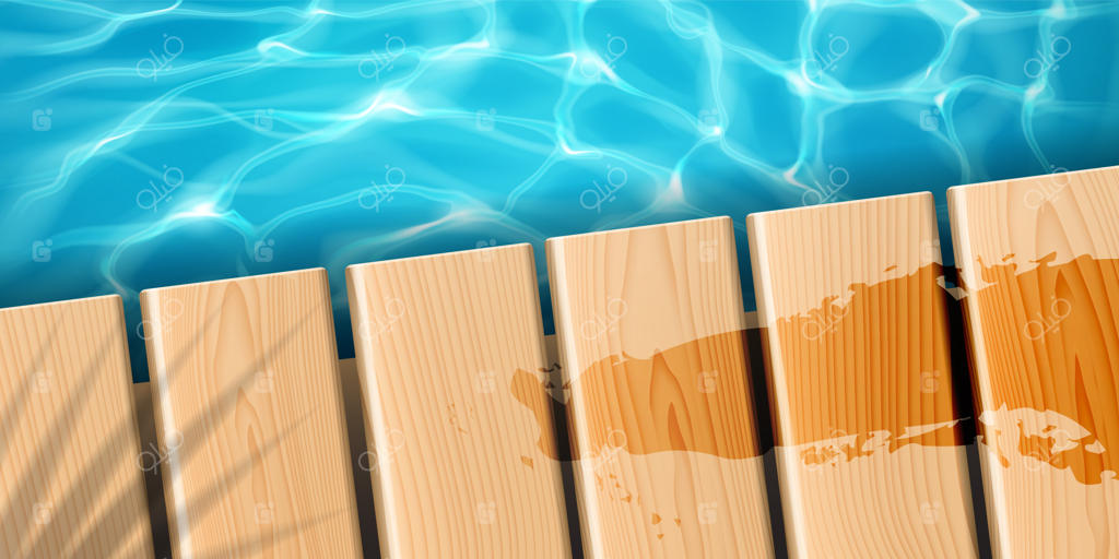 اسکله‌ای با تخته‌های چوبی در اقیانوس. اسکله چوبی در کنار دریا با سایه نخل و لکه‌های آب، سطح موج‌دار با انعکاس خورشید، آبی زلال و درخشان.