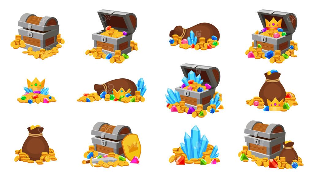 گنجینه کارتونی: آیکون‌های بازی شامل صندوق‌ها و کیسه‌های باز با سکه‌های طلا، جواهر، تاج و کریستال‌ها. پول قرون وسطایی و گنج‌های دزد دریایی. مجموعه‌ای از تصاویر وکتور گنج دزدان دریایی، صندوق با سکه‌های طلایی.