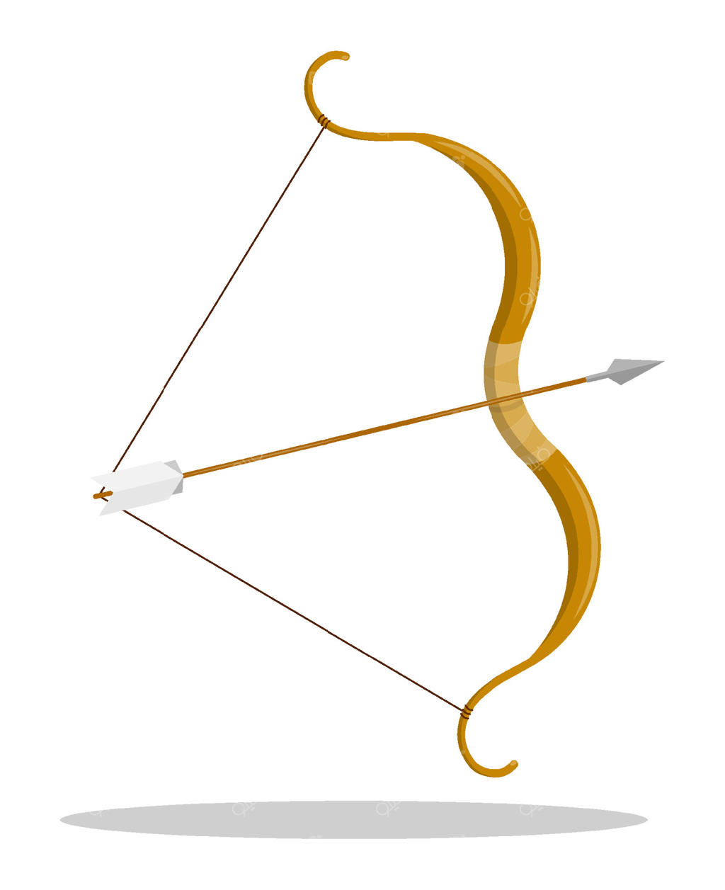 تیر و کمان کارتونی با بند کشیده و تیر. ابزار تیراندازی یا شکارچی. سلاح قرون وسطایی جنگجویان باستان. تصویر جدا شده بر روی زمینه سفید.