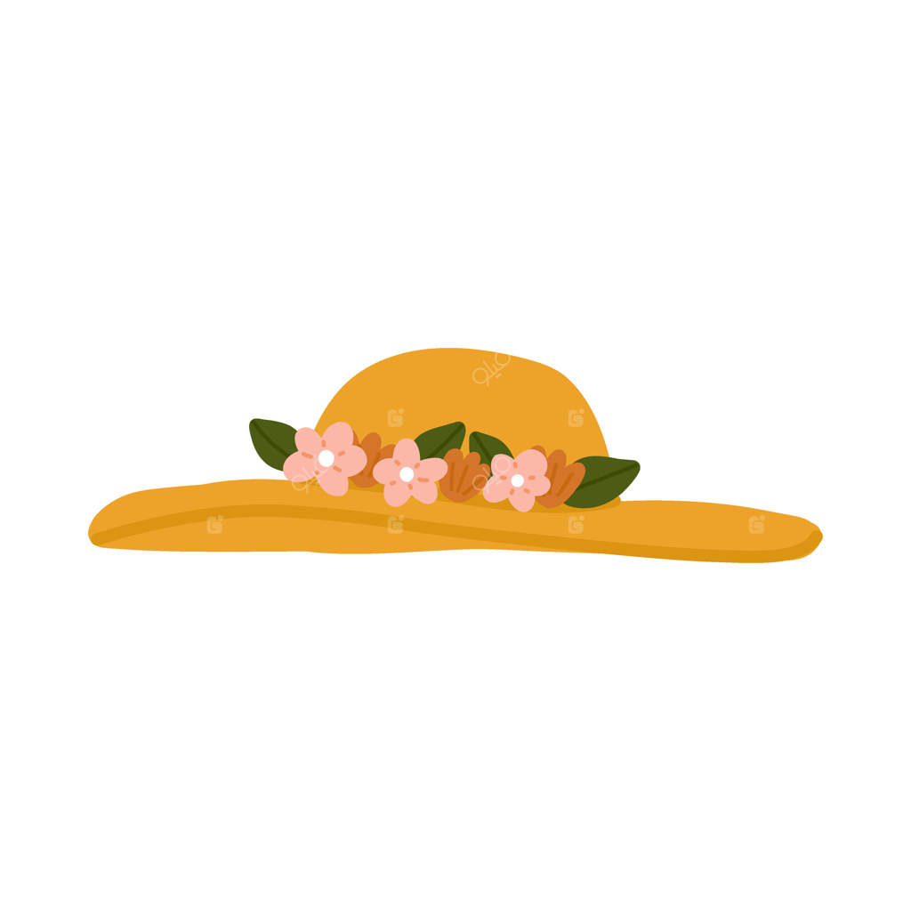 کلاه حصیری زیبا با تاج گل بهاری، گل‌های باغ و وحشی و پاپیون - عناصر نقاشی دست تخت و بامزه.