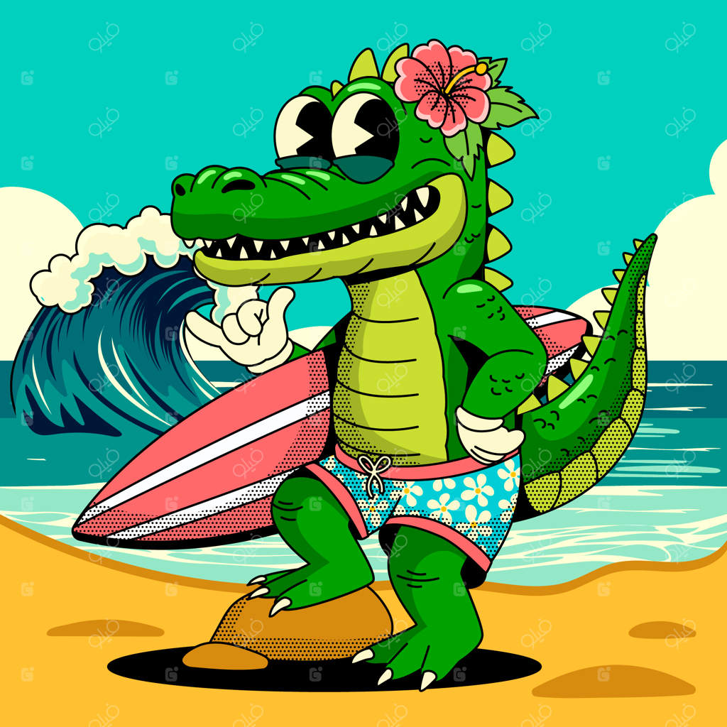 تصویرسازی کارتونی قدیمی روز جهانی موج‌سواری به صورت دستی