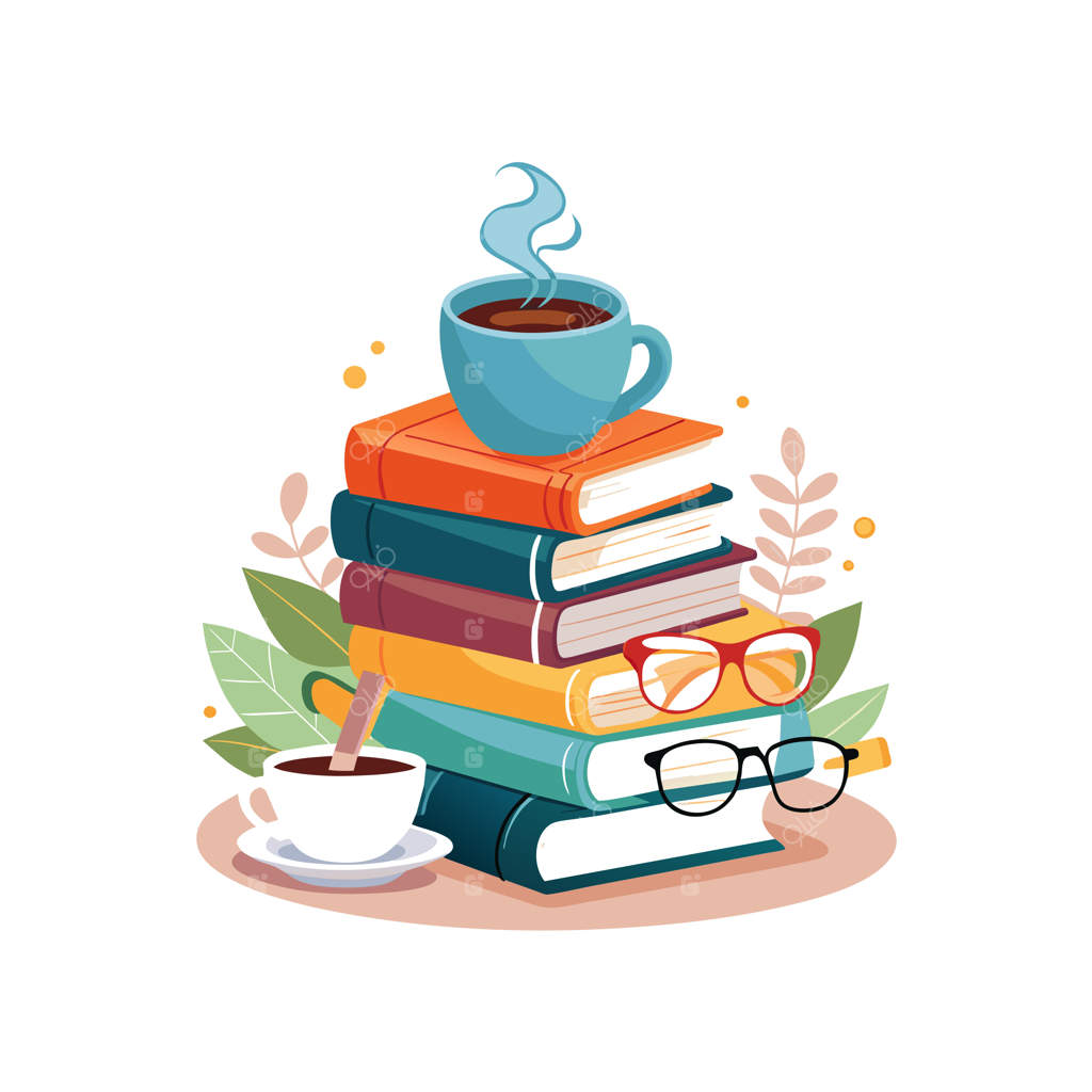یک دسته کتاب با یک فنجان قهوه و یک دسته کتاب دیگر