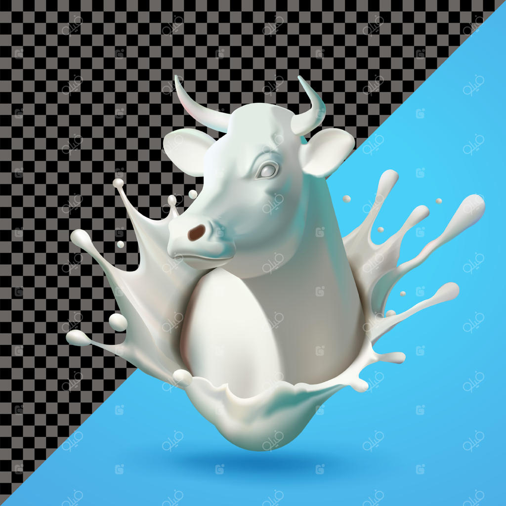 پاشیدن شیر به شکل سر گاو، به صورت سه بعدی. مناسب برای سلامت و کسب‌وکار