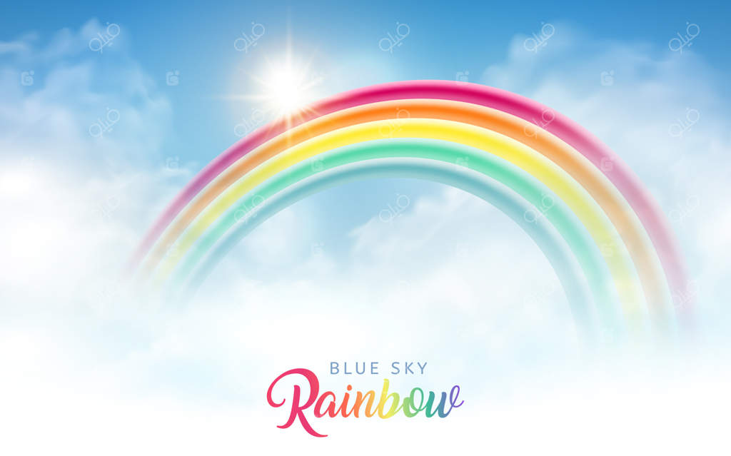 آسمان آبی روشن با رنگین‌کمان زیبا، طراحی پس‌زمینه جذاب