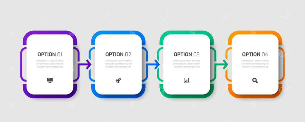 قالب اینفوگرافیک تجاری با برچسب گرد، فلش‌ها، ۴ گزینه و آیکون‌ها
