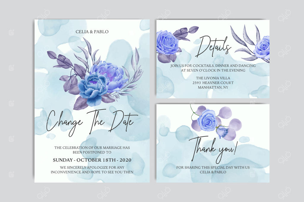 قالب کارت دعوت عروسی به تعویق افتاده با طرح گل دستی