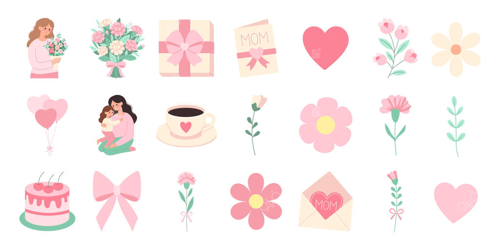 مجموعه‌ای از آیکون‌های صورتی شامل گل‌ها، قلب‌ها و کیک. آیکون‌ها به صورت شبکه‌ای چیده شده‌اند و همگی به رنگ صورتی هستند.