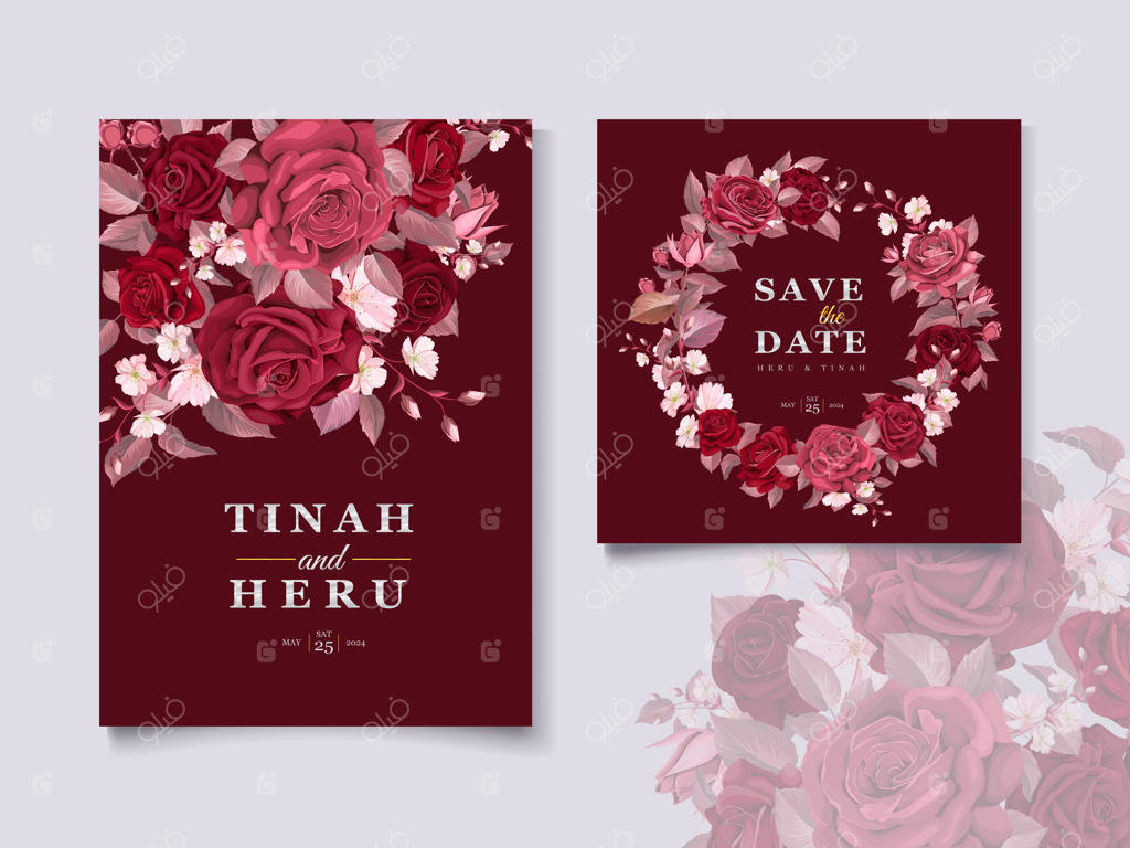 مجموعه پترن کارت دعوت عروسی شیک با گل‌ها و برگ‌های زرشکی