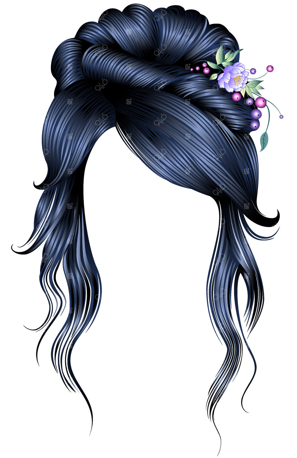 موی مجعد و شیک زنان با تزئین گل. رنگ مشکی و قهوه‌ای تیره.